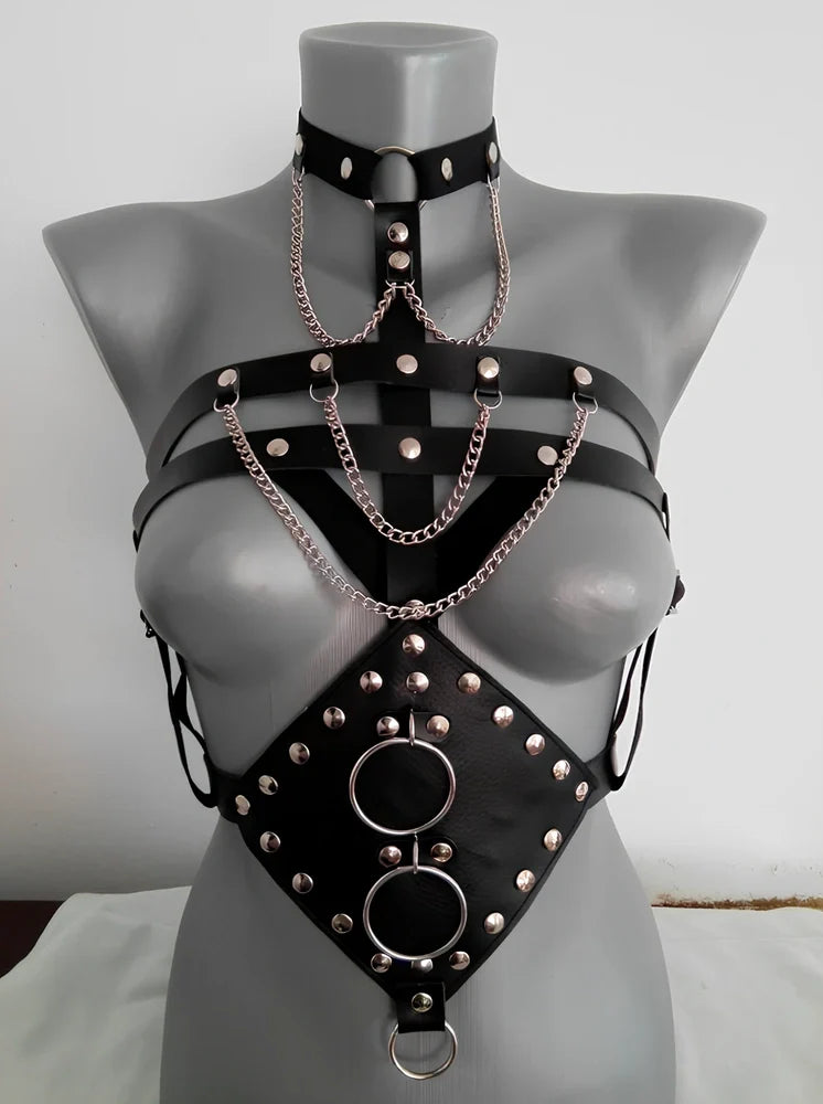 Black PU leather erotic camisole dress with open bra and bondage straps, one-size fit for women in adult fetish play