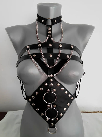 Black PU leather erotic camisole dress with open bra and bondage straps, one-size fit for women in adult fetish play