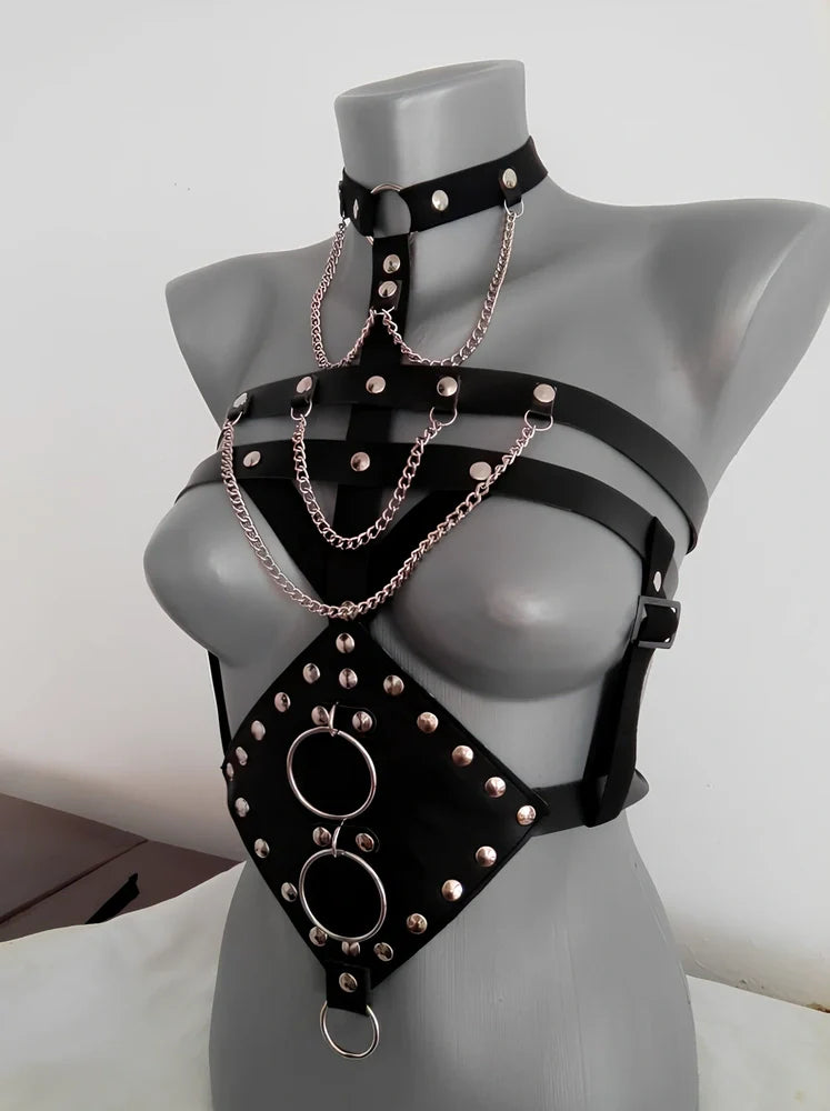 Black PU leather erotic camisole dress with open bra and bondage straps, one-size fit for women in adult fetish play