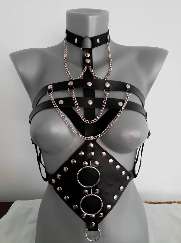 Black PU leather erotic camisole dress with open bra and bondage straps, one-size fit for women in adult fetish play