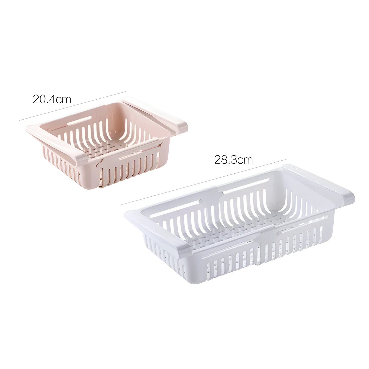 Plastic telescopic refrigerator storage basket in apricot colour, showing multiple compartments for organisation.