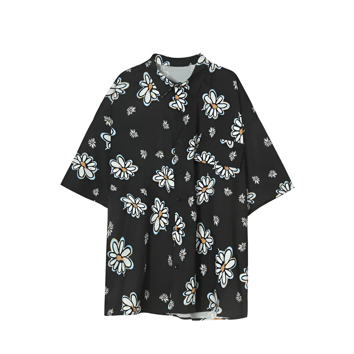 Little Daisy floral short-sleeved shirt with square collar, loose fit, available in black, blue, orange.
