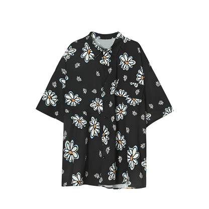 Little Daisy floral short-sleeved shirt with square collar, loose fit, available in black, blue, orange.