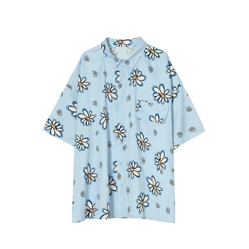 Little Daisy floral short-sleeved shirt with square collar, loose fit, available in black, blue, orange.