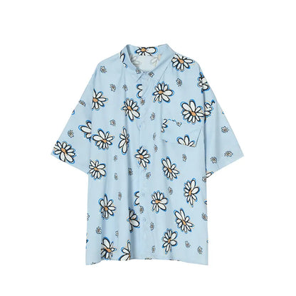 Little Daisy floral short-sleeved shirt with square collar, loose fit, available in black, blue, orange.