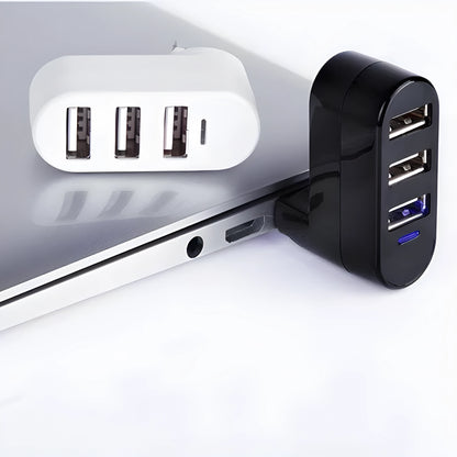 A black and a white USB 2.0 hub splitter with multiple ports.