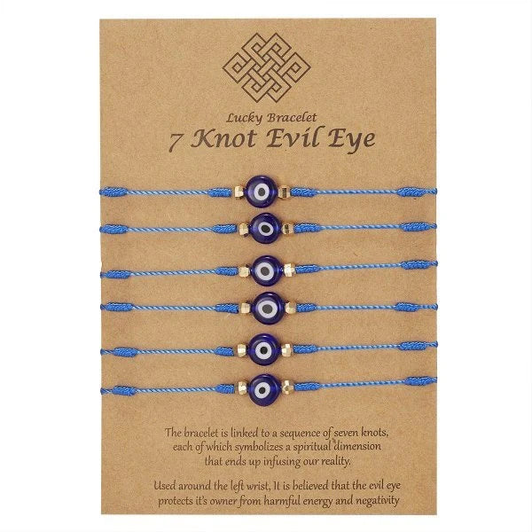 Stylish 7-Knot Evil Eye Bracelet Set - 6 Pack with Adjustable Braided Ropes and Alloy Accents