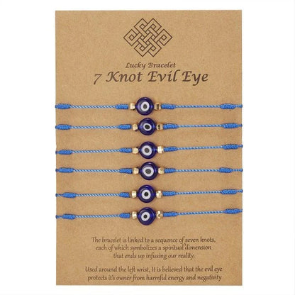 Stylish 7-Knot Evil Eye Bracelet Set - 6 Pack with Adjustable Braided Ropes and Alloy Accents