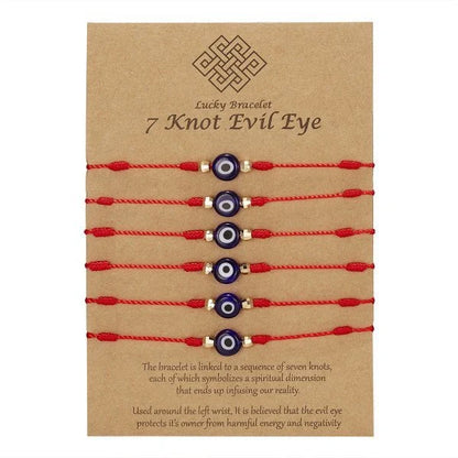 Stylish 7-Knot Evil Eye Bracelet Set - 6 Pack with Adjustable Braided Ropes and Alloy Accents