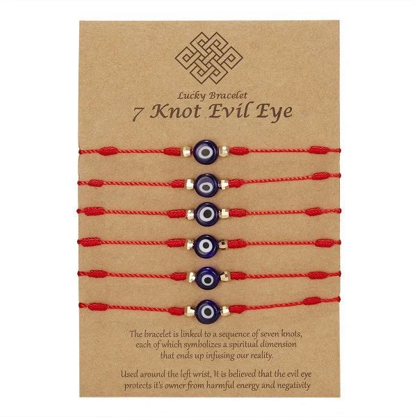 Stylish 7-Knot Evil Eye Bracelet Set - 6 Pack with Adjustable Braided Ropes and Alloy Accents