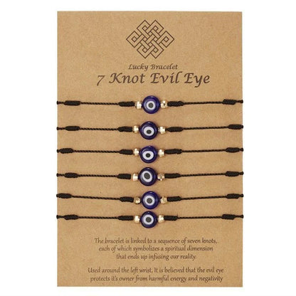 Stylish 7-Knot Evil Eye Bracelet Set - 6 Pack with Adjustable Braided Ropes and Alloy Accents