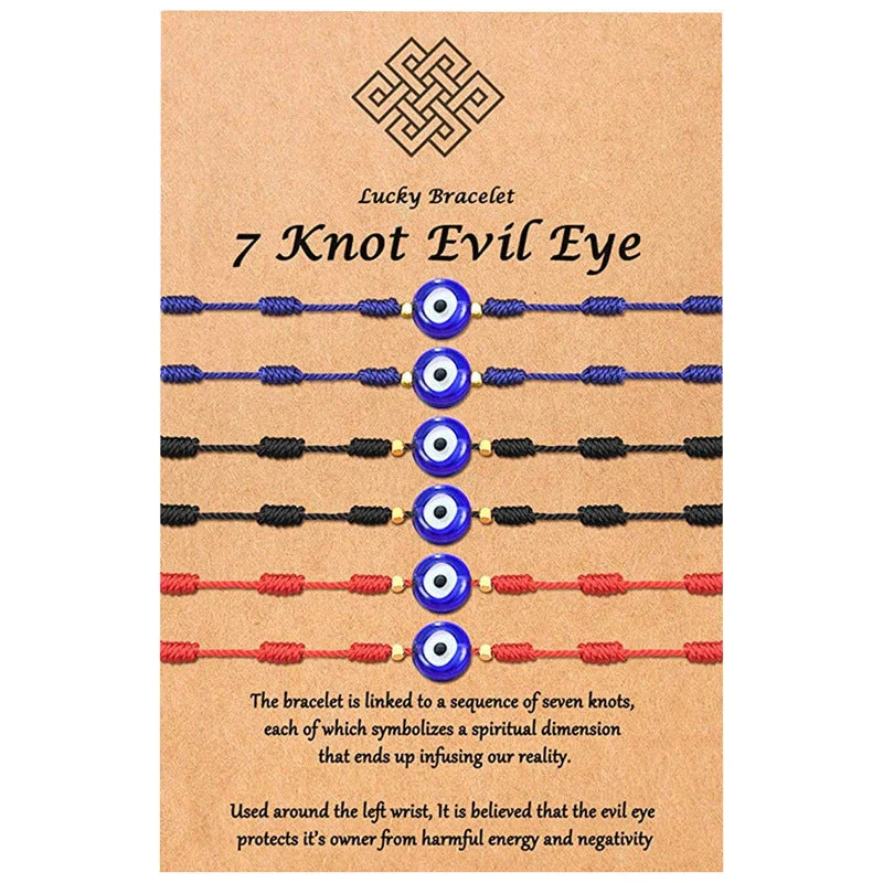 Stylish 7-Knot Evil Eye Bracelet Set - 6 Pack with Adjustable Braided Ropes and Alloy Accents