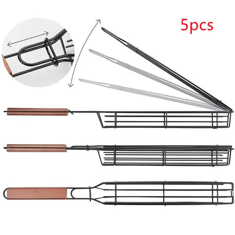 Barbecue basket with rotary lid and long wood handle on a grill, burlywood colour.
