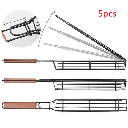 Barbecue basket with rotary lid and long wood handle on a grill, burlywood colour.
