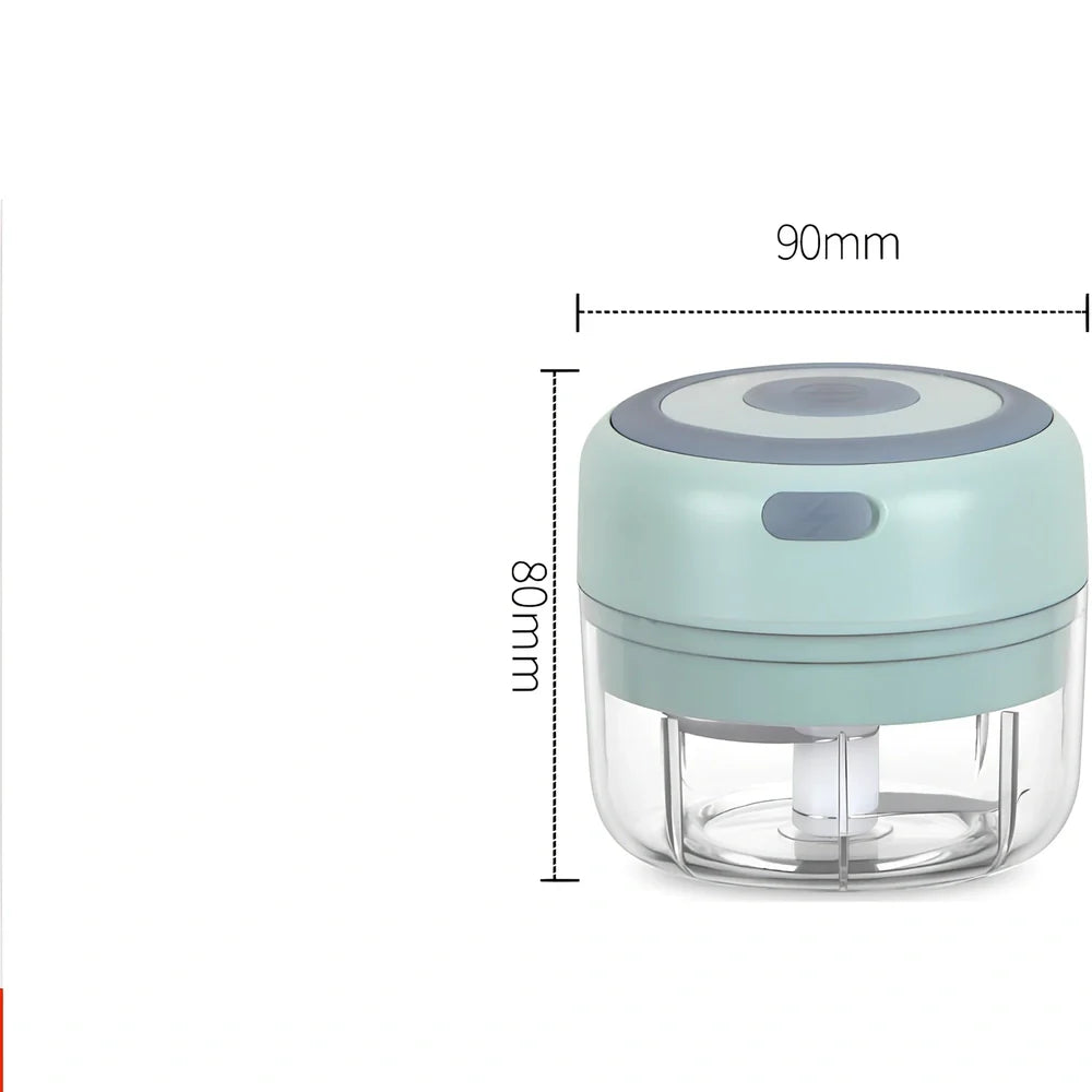 Mini electric garlic chopper with stainless steel blades in green, pink, or white with USB charging cable