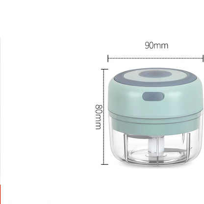 Mini electric garlic chopper with stainless steel blades in green, pink, or white with USB charging cable