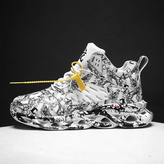 Men's high-top basketball shoes with camouflage pattern, microfiber upper, and rubber sole