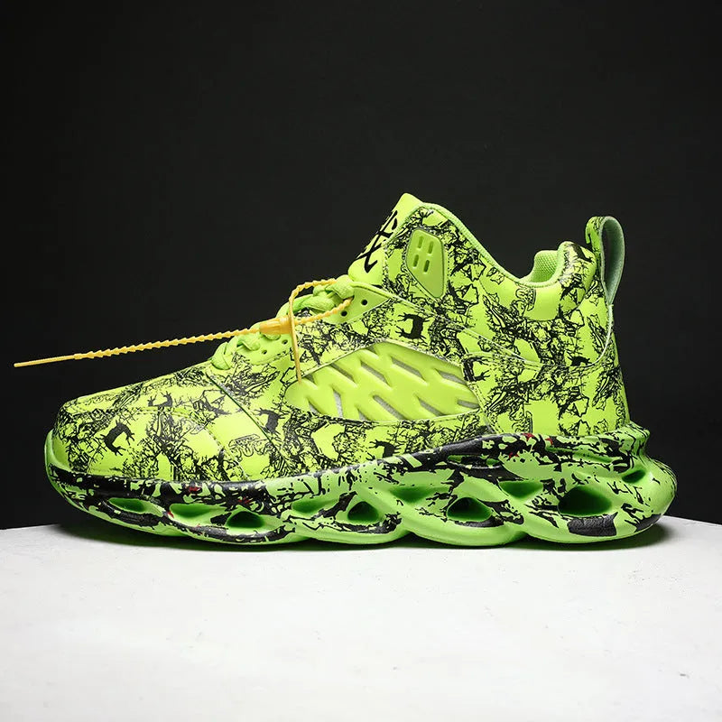 Men's high-top basketball shoes with camouflage pattern, microfiber upper, and rubber sole