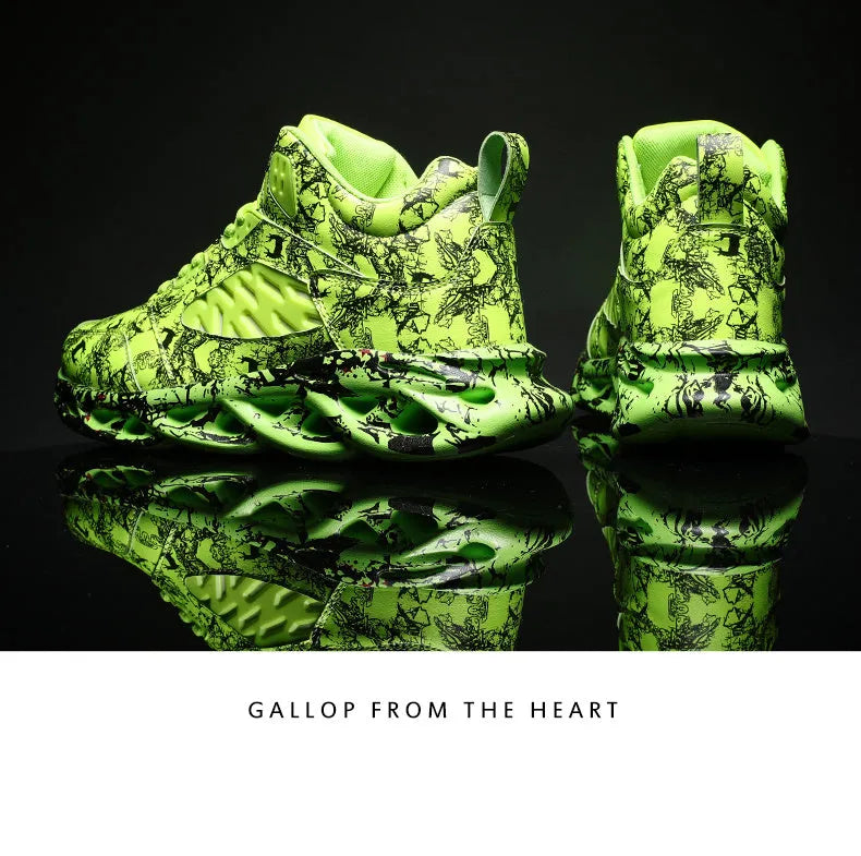 Men's high-top basketball shoes with camouflage pattern, microfiber upper, and rubber sole