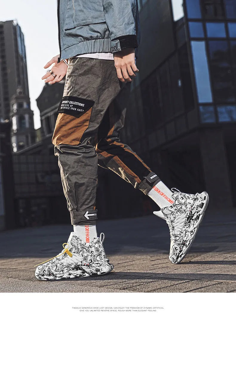Men's high-top basketball shoes with camouflage pattern, microfiber upper, and rubber sole