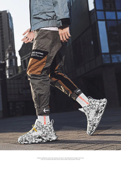 Men's high-top basketball shoes with camouflage pattern, microfiber upper, and rubber sole