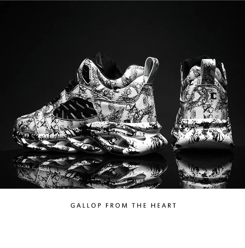 Men's high-top basketball shoes with camouflage pattern, microfiber upper, and rubber sole