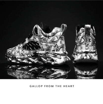 Men's high-top basketball shoes with camouflage pattern, microfiber upper, and rubber sole