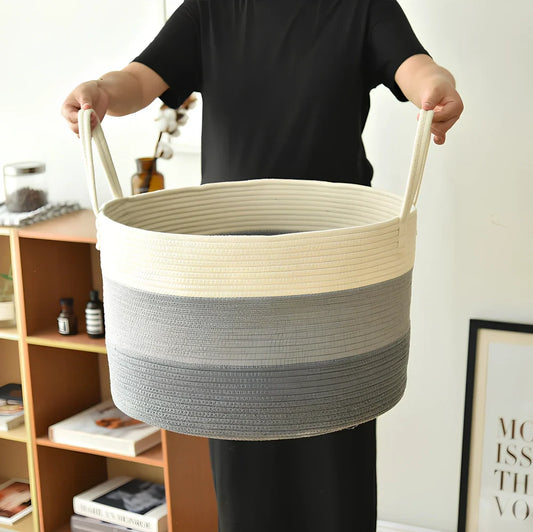 Beige cotton rope storage basket with handles, 50cm wide, shown folded flat and upright with toys