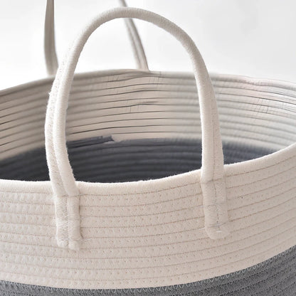 Beige cotton rope storage basket with handles, 50cm wide, shown folded flat and upright with toys