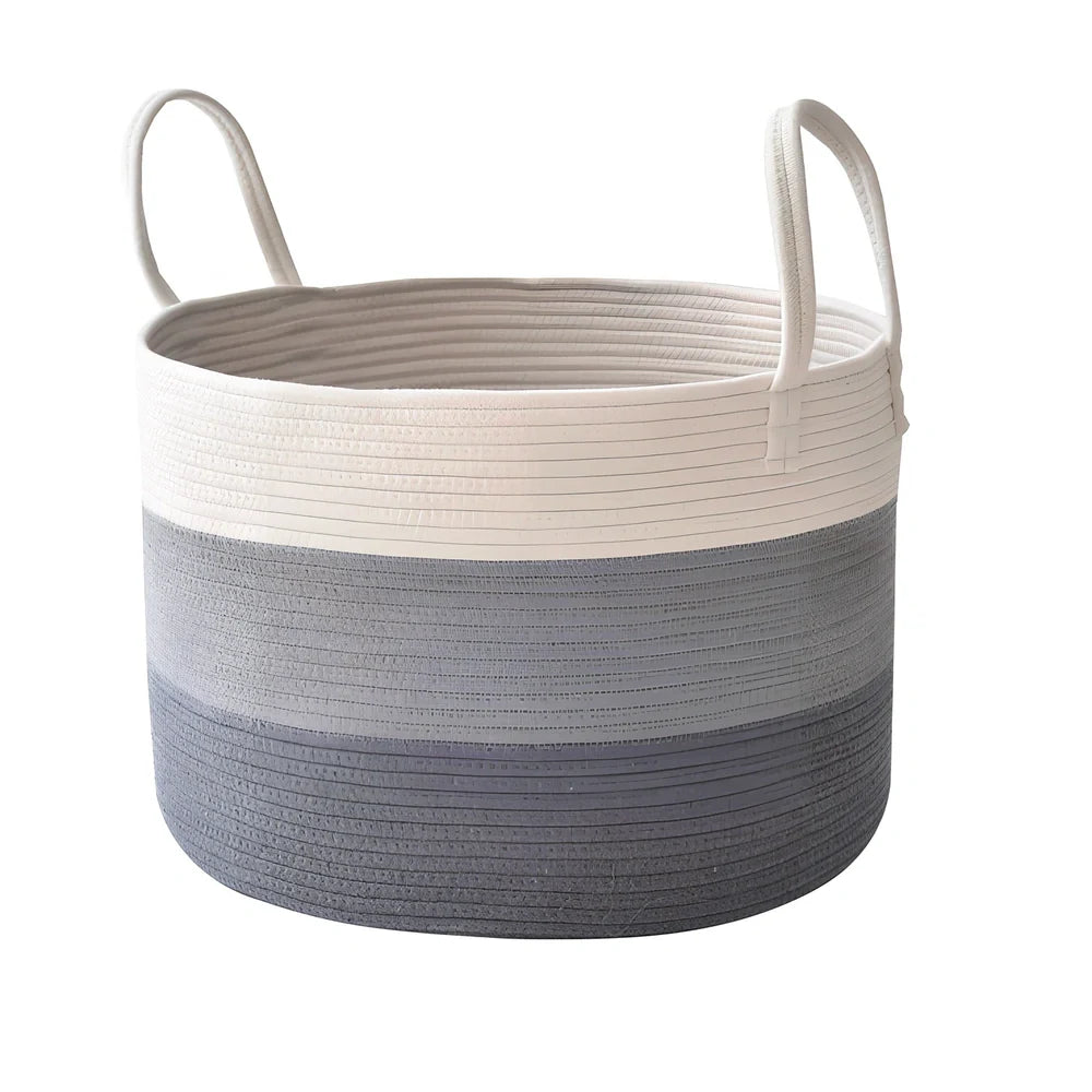 Beige cotton rope storage basket with handles, 50cm wide, shown folded flat and upright with toys