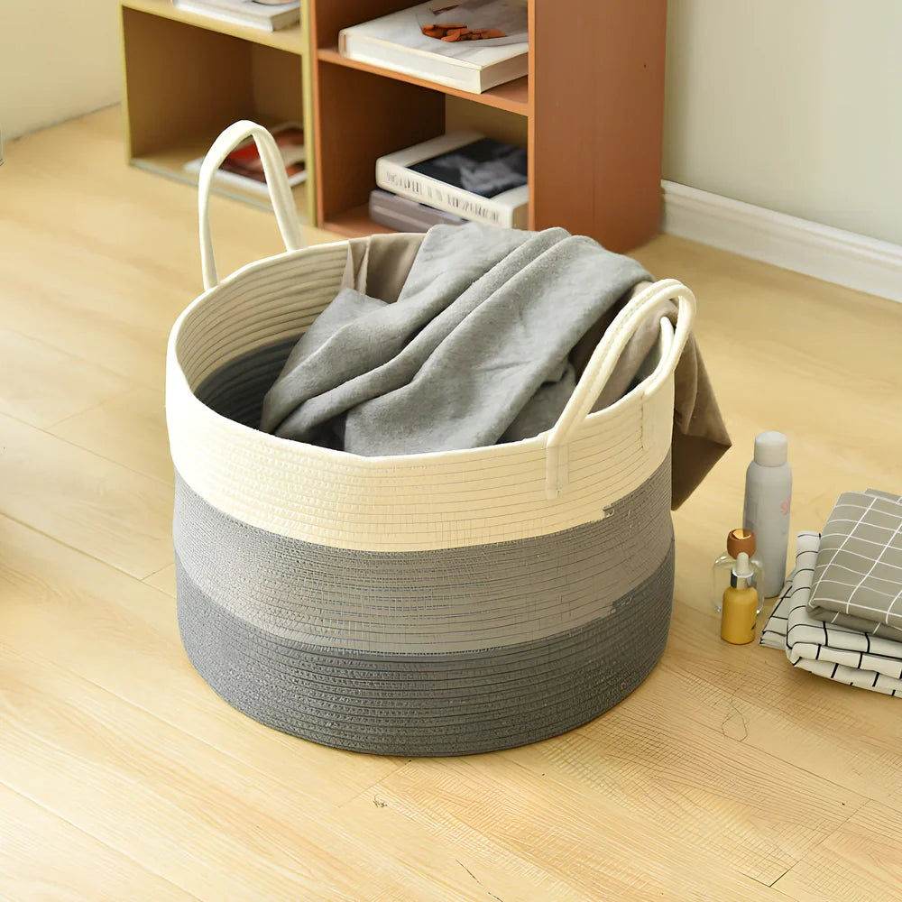 Beige cotton rope storage basket with handles, 50cm wide, shown folded flat and upright with toys
