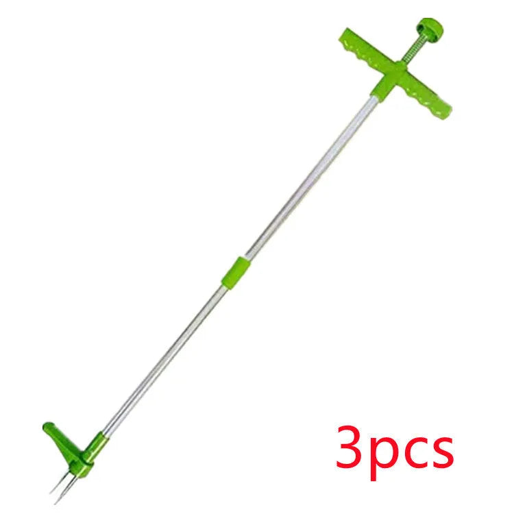 Aluminium and plastic manual weed puller tool for garden use, shown with its instruction booklet.