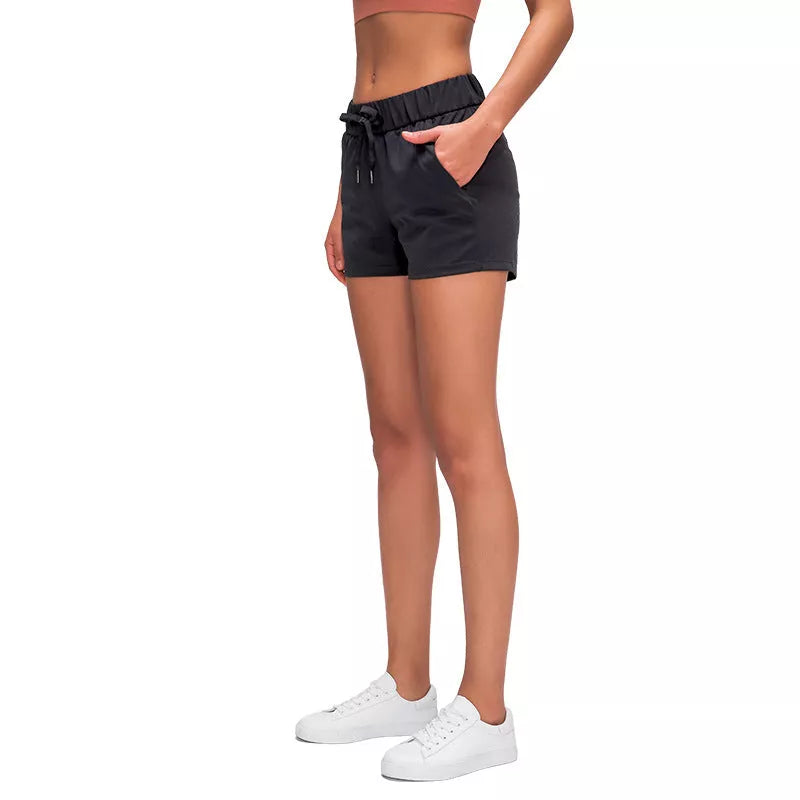 Women's lace wide loose sports shorts in black, ice gray, moss green, and dark blue