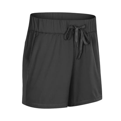 Women's lace wide loose sports shorts in black, ice gray, moss green, and dark blue