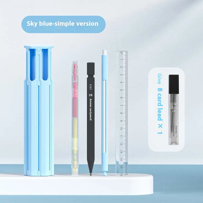 Pressing pen and plastic pencil box organiser set in sky blue, white, or pink colour options.