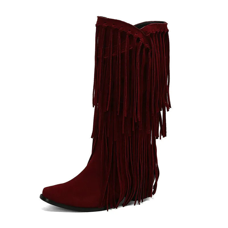 Women's knee-high suede boots with a chunky heel and square toe.