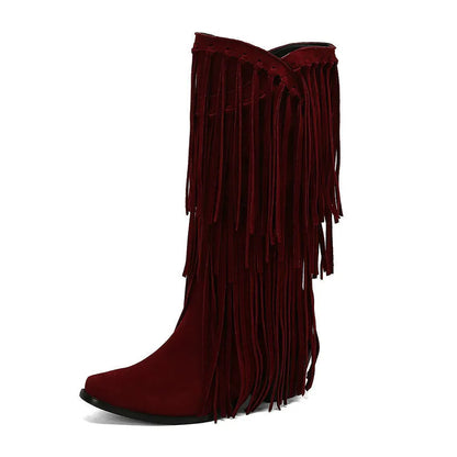 Women's knee-high suede boots with a chunky heel and square toe.