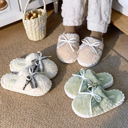Women's bow tie cotton slippers with plush interior in beige, green, and khaki