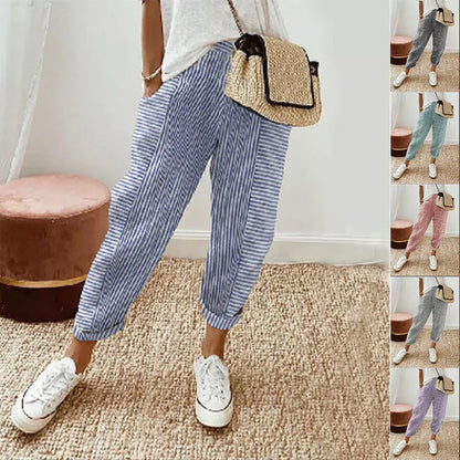 Women's striped print trousers in light gray, loose fit for summer comfort