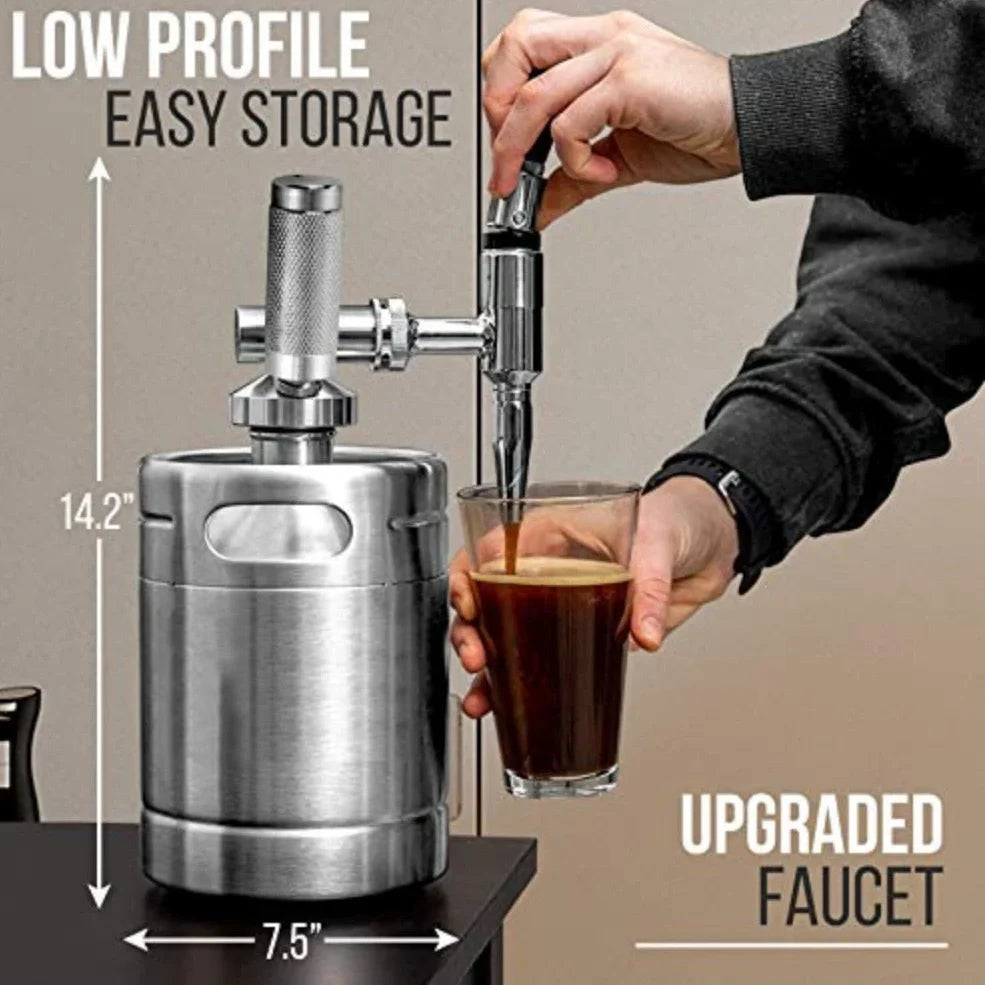 Stainless steel nitrogen coffee barrel with manual infusion system and natural finish