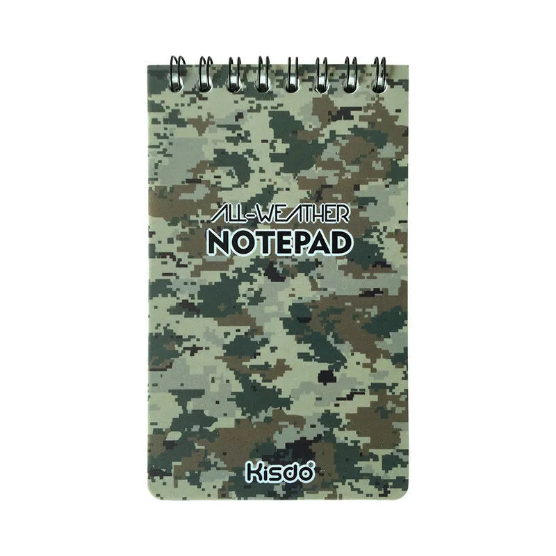 All-Weather Spiral Waterproof Office Notepad with 50 pages of durable stone paper, available in six colours including camouflage patterns