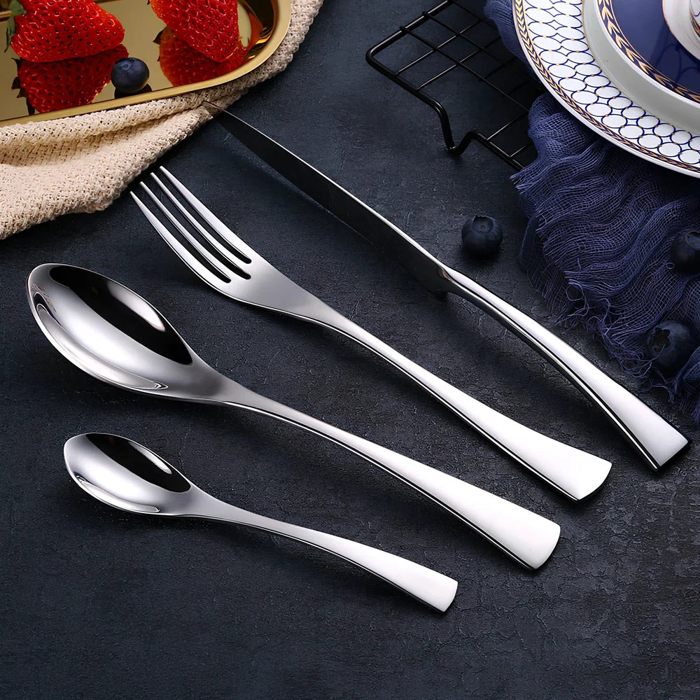 Four-piece black stainless steel cutlery set with mirror polishing showing fork, knife, coffee spoon, and soup spoon