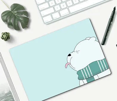 Cartoon character computer mouse pad with rubber base, showing sample designs like Doraemon and Pikachu.