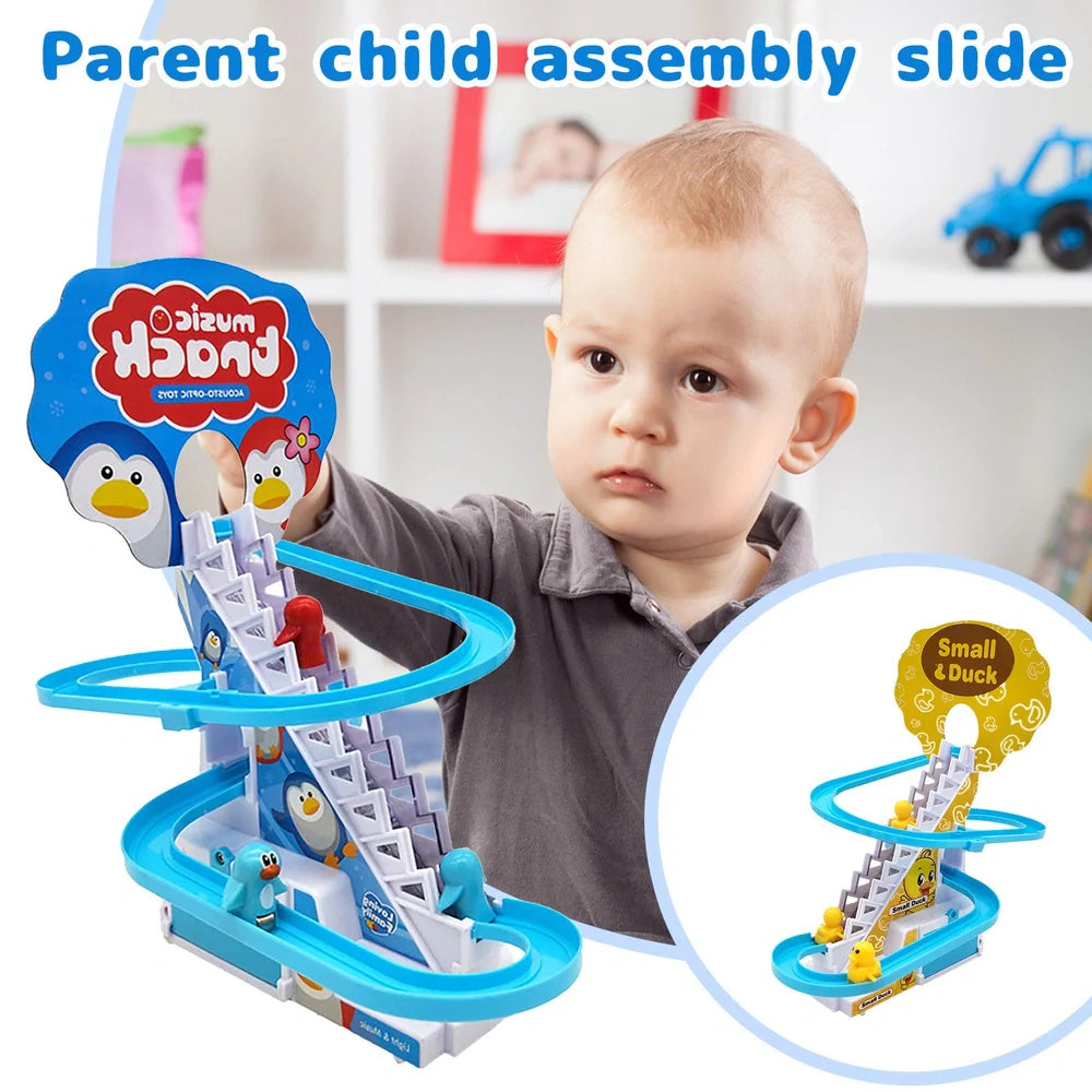 Little Duck Climbing Stairs Toy showing three yellow ducks on rotating slide with colourful LED lights