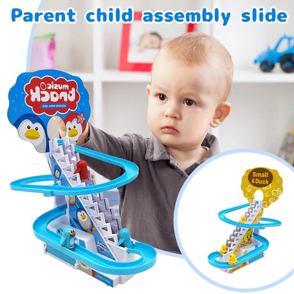 Little Duck Climbing Stairs Toy showing three yellow ducks on rotating slide with colourful LED lights
