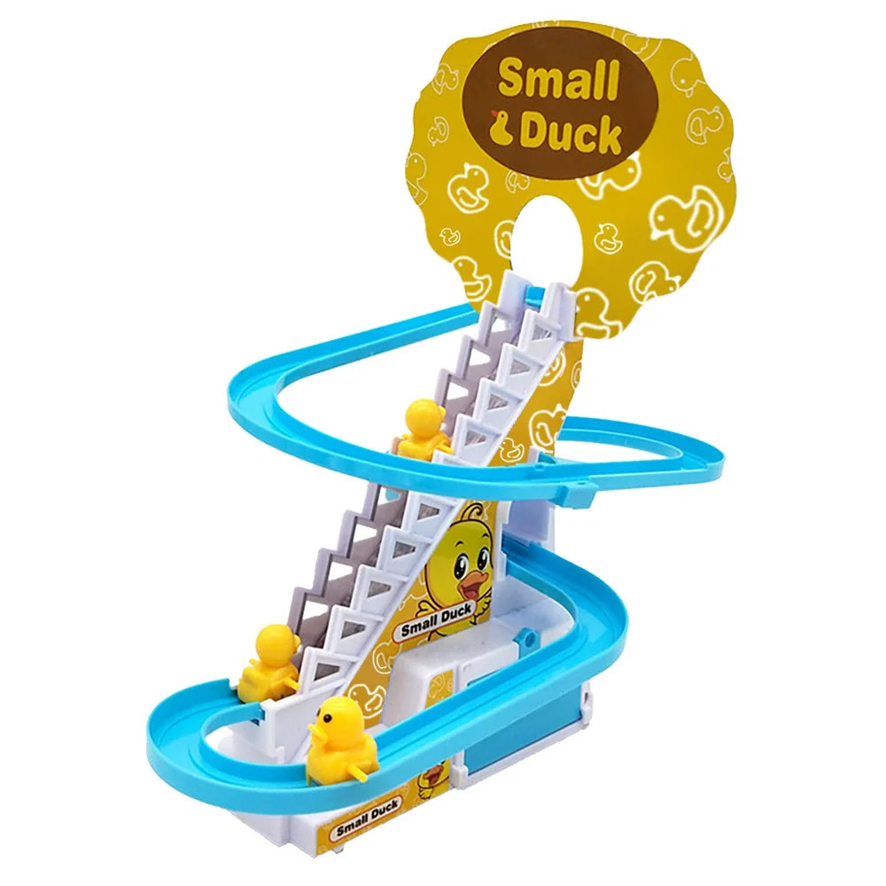 Little Duck Climbing Stairs Toy showing three yellow ducks on rotating slide with colourful LED lights
