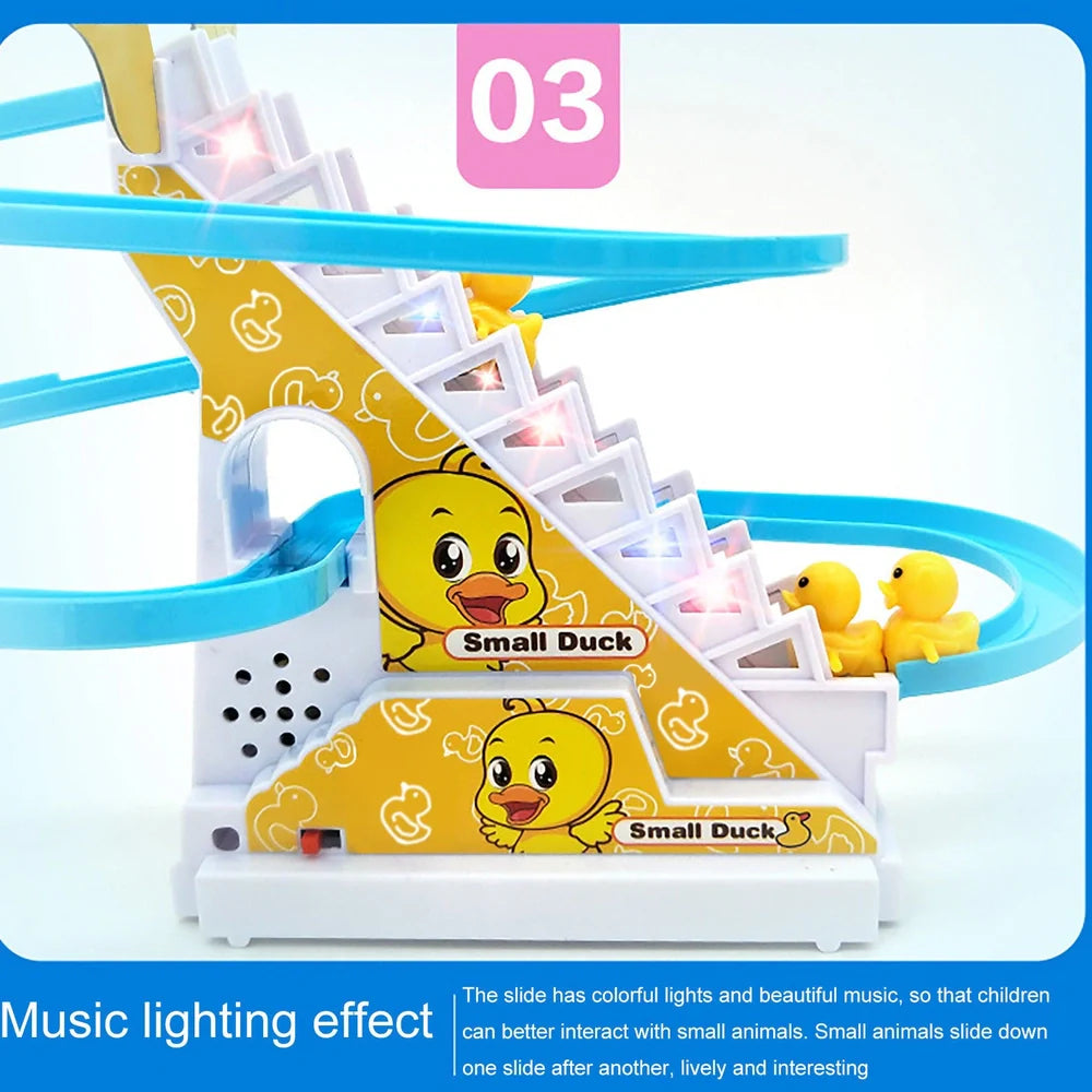 Little Duck Climbing Stairs Toy showing three yellow ducks on rotating slide with colourful LED lights