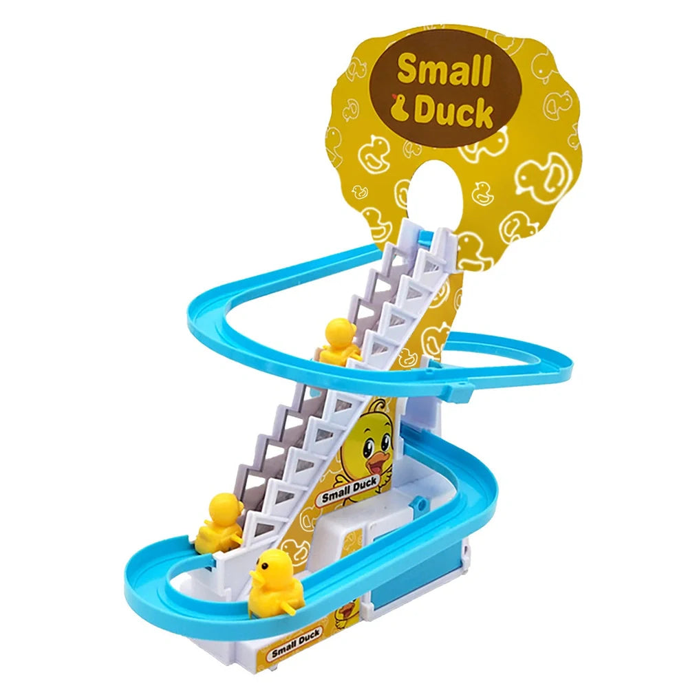Little Duck Climbing Stairs Toy showing three yellow ducks on rotating slide with colourful LED lights