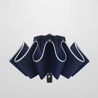 Automatic reverse umbrella open showing black waterproof canopy with aluminium ribs
