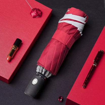Automatic reverse umbrella open showing black waterproof canopy with aluminium ribs